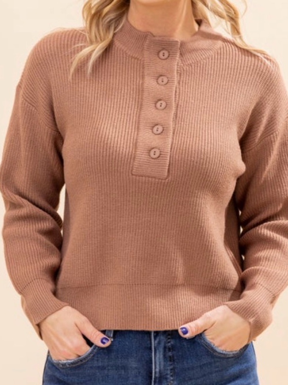Ribbed Button Henley Long Sleeve Comfy Sweater Top - Mocha. Small